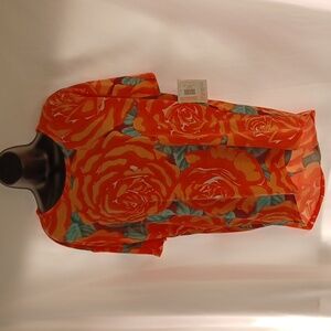 LULAROE - Orange, Green & tan Flower Print "Irma" Tunic Top - Size xxs, high/low